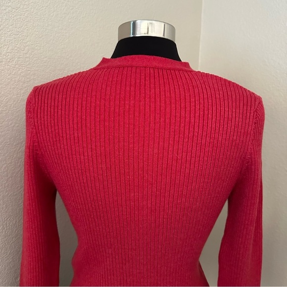 By Anthropologie V-Neck Strappy Ribbed Buttons Up Red Crop Cardigan Sweater Sz M - Picture 8 of 13